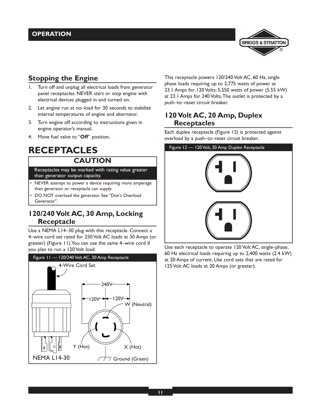 Briggs & Stratton 30253 manuel dutilisation Receptacles, Stopping the Engine, 120/240 Volt AC, 30 Amp, Locking Receptacle 