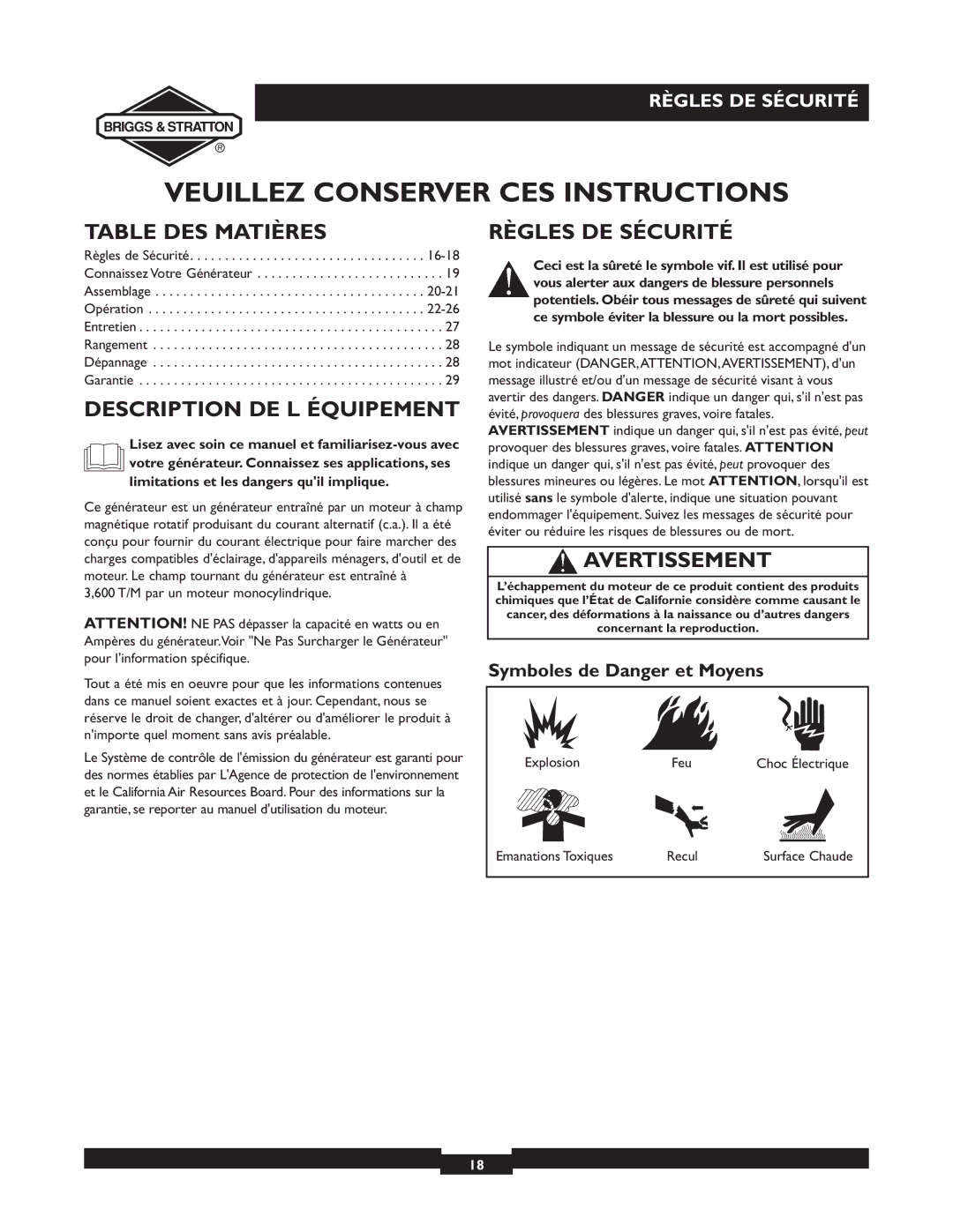 Briggs & Stratton 30253 Veuillez Conserver CES Instructions, Table DES Matières, Description DE L Équipement 