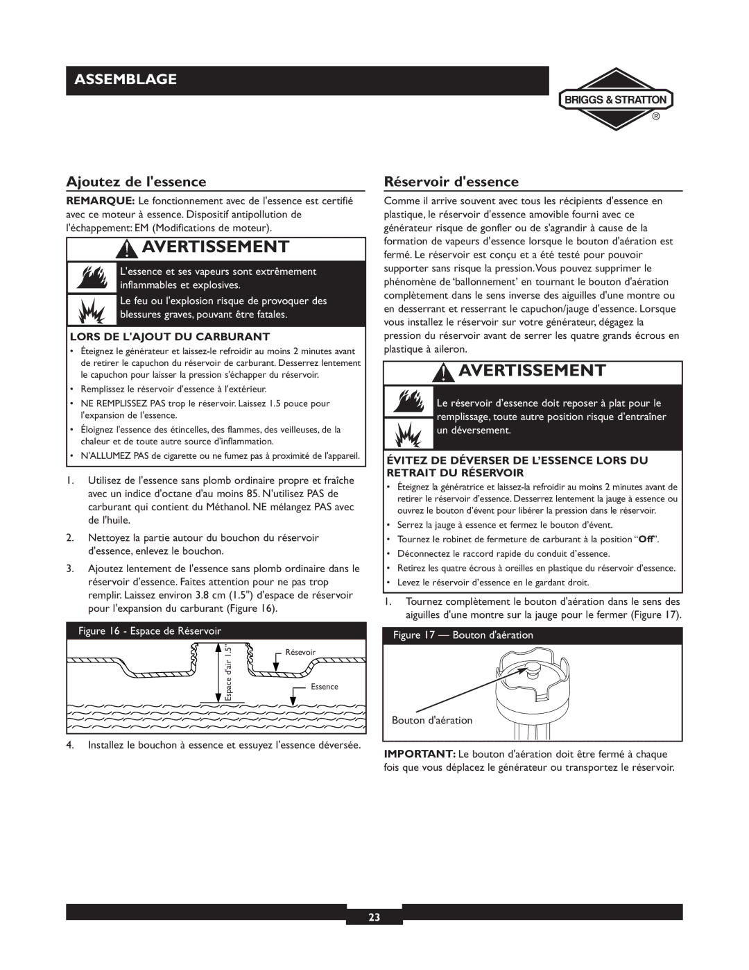 Briggs & Stratton 30253 Ajoutez de lessence, Réservoir dessence, Lors DE Lajout DU Carburant, Bouton daération 