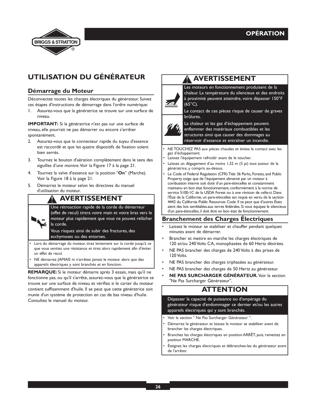 Briggs & Stratton 30253 Utilisation DU Générateur, Démarrage du Moteur, Branchement des Charges Électriques 