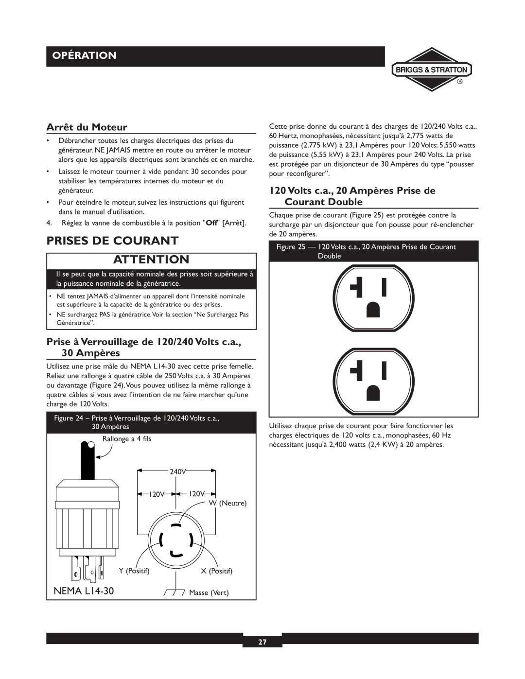 Briggs & Stratton 30253 Prises DE Courant, Arrêt du Moteur, Prise à Verrouillage de 120/240 Volts c.a., 30 Ampères 