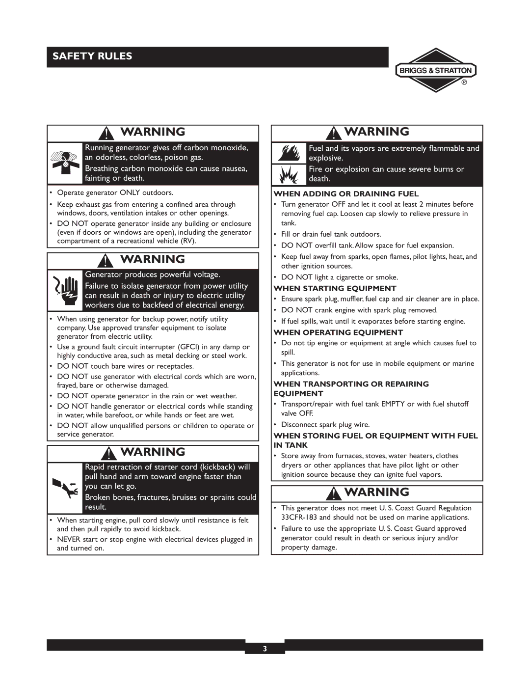 Briggs & Stratton 30253 manuel dutilisation When Adding or Draining Fuel, When Starting Equipment, When Operating Equipment 