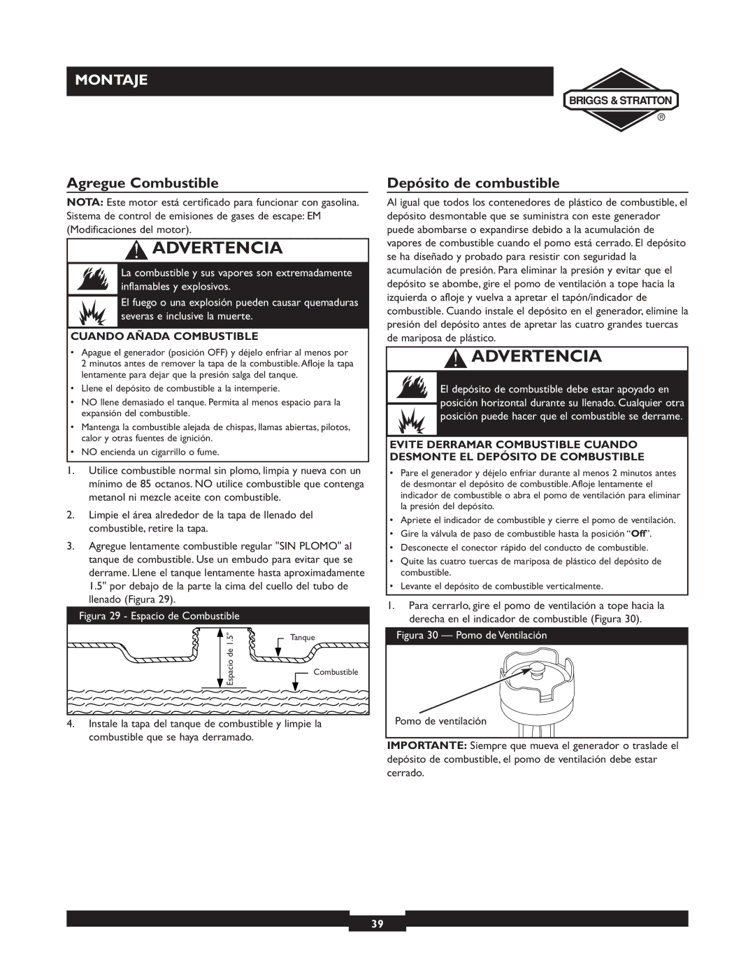 Briggs & Stratton 30253 manuel dutilisation Agregue Combustible, Depósito de combustible, Cuando Añada Combustible 