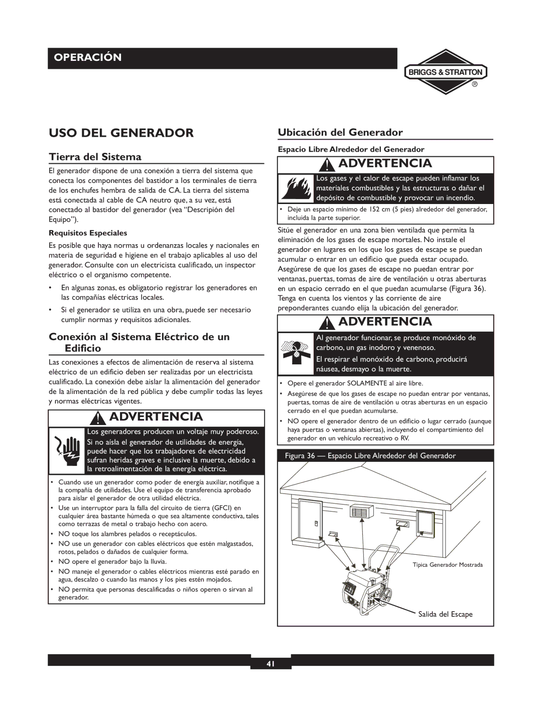 Briggs & Stratton 30253 USO DEL Generador, Tierra del Sistema, Conexión al Sistema Eléctrico de un Edificio 