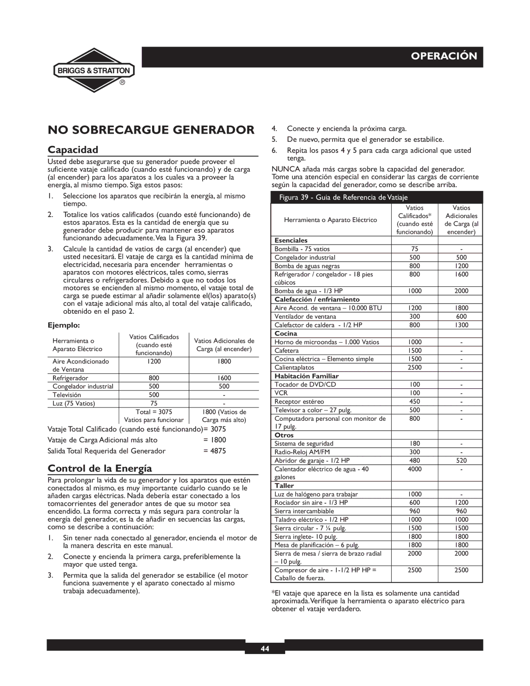 Briggs & Stratton 30253 manuel dutilisation No Sobrecargue Generador, Capacidad, Control de la Energía, Ejemplo 