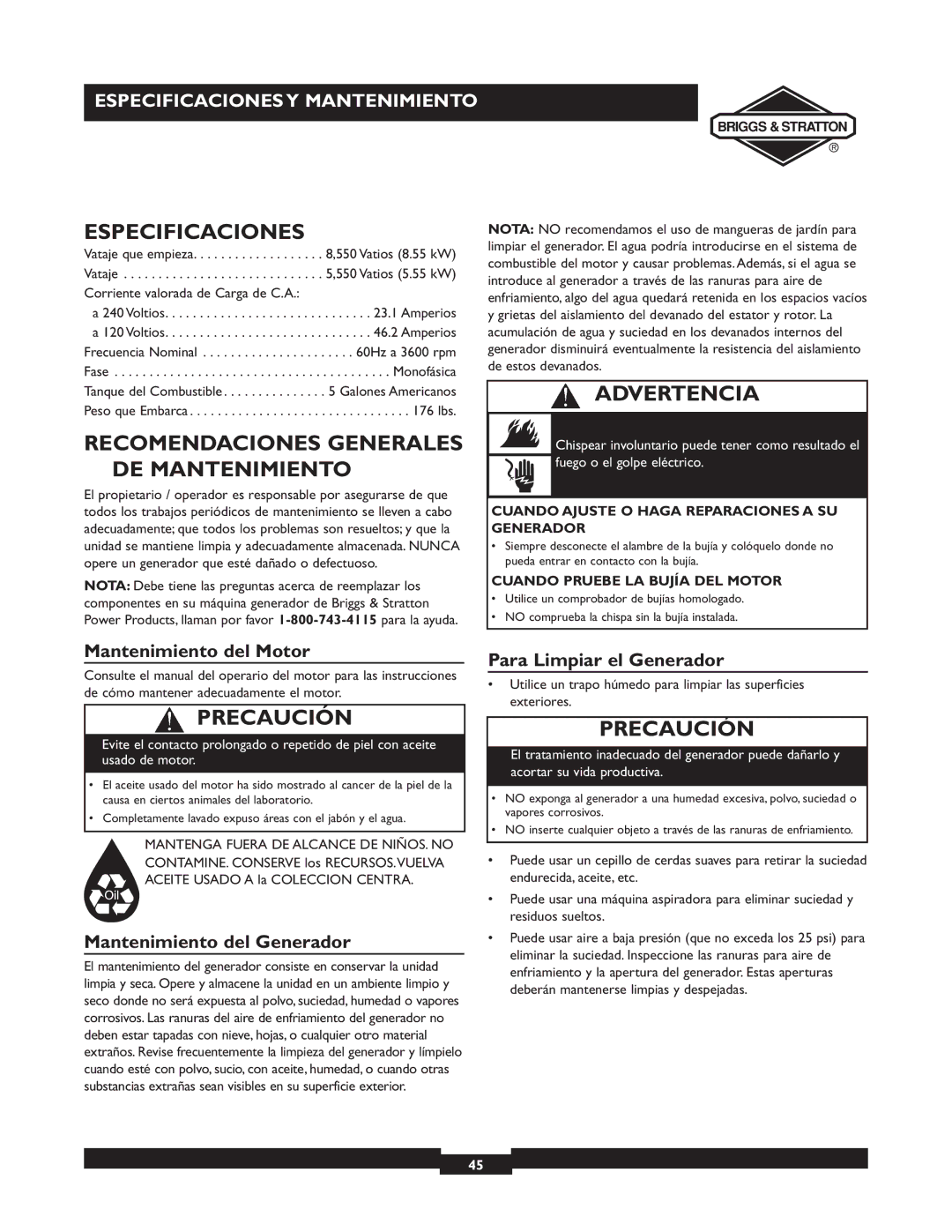 Briggs & Stratton 30253 Especificaciones, Recomendaciones Generales DE Mantenimiento, Mantenimiento del Motor 