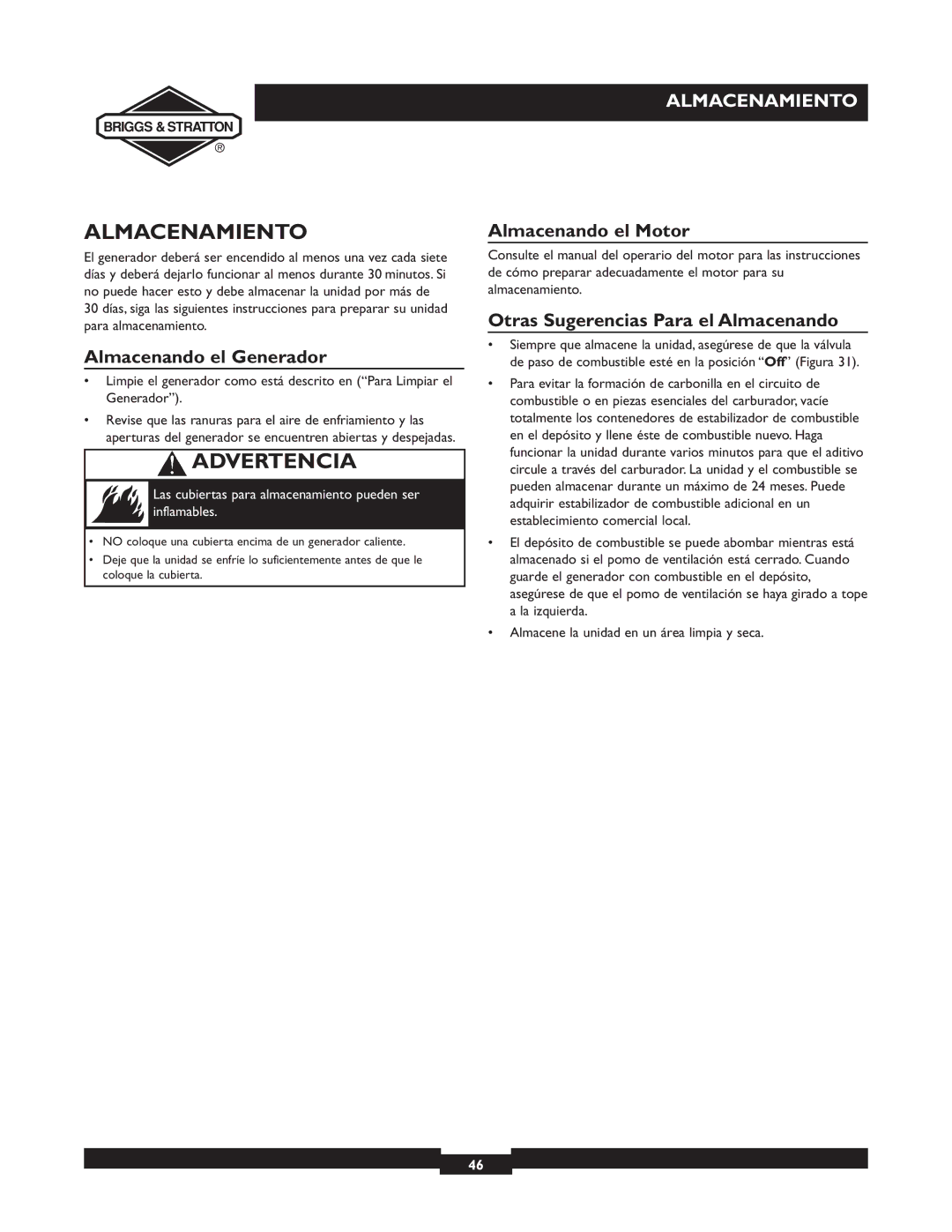 Briggs & Stratton 30253 manuel dutilisation Almacenamiento, Almacenando el Generador, Almacenando el Motor 