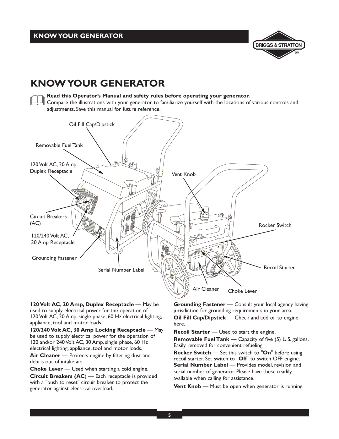 Briggs & Stratton 30253 manuel dutilisation Know Your Generator, Rocker Switch, Recoil Starter 