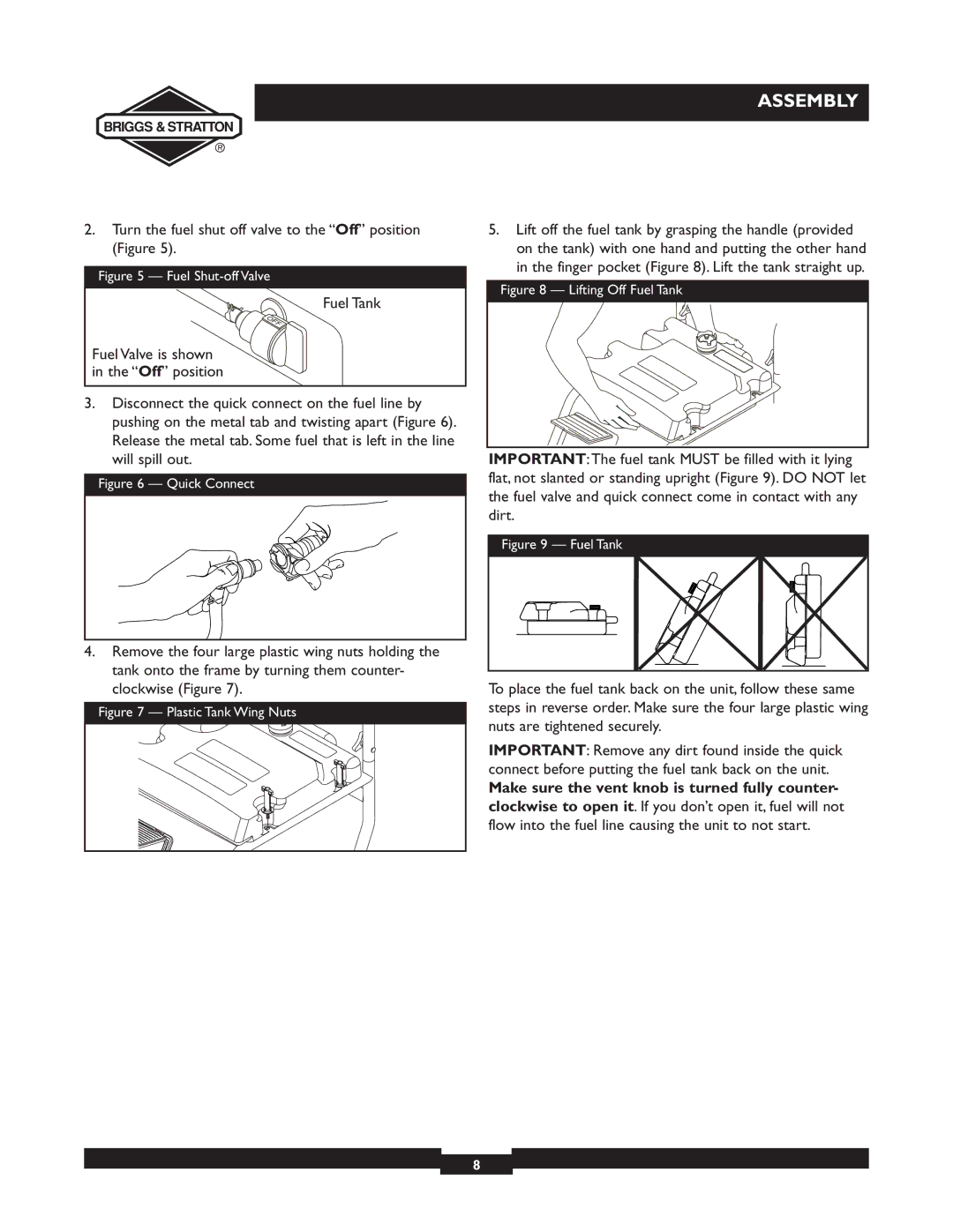 Briggs & Stratton 30253 manuel dutilisation Make sure the vent knob is turned fully counter, Fuel Shut-off Valve 