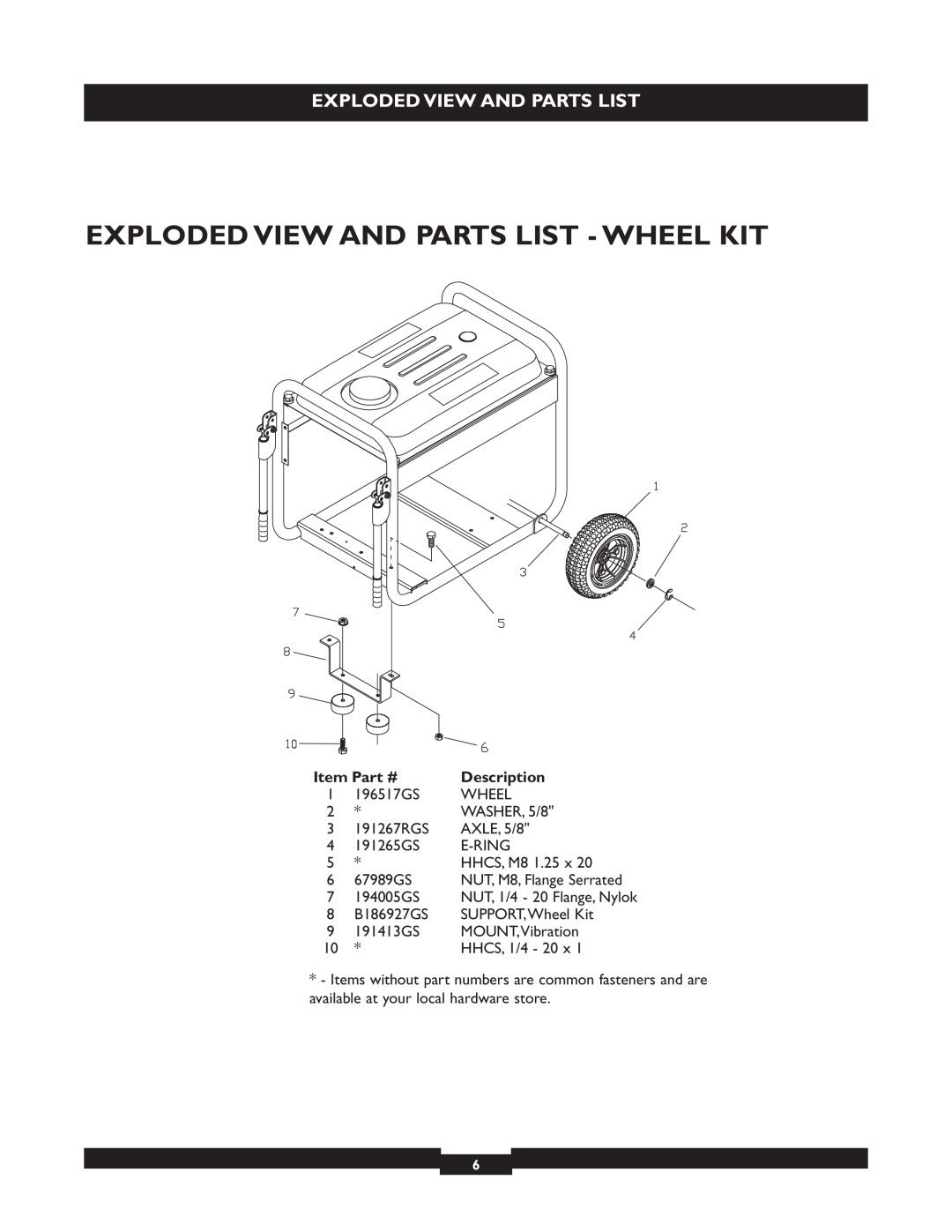 Briggs & Stratton 30254 manual Exploded View And Parts List - Wheel Kit, Description 
