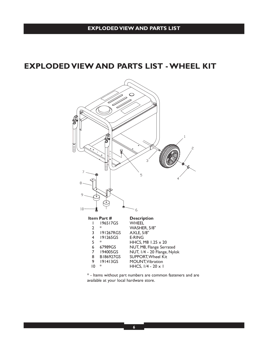 Briggs & Stratton 30254 manual Exploded View and Parts List Wheel KIT, Ring 