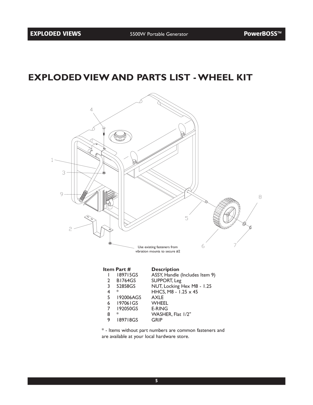 Briggs & Stratton 30255 Exploded View And Parts List - Wheel Kit, Exploded Views, PowerBOSS, 5500W Portable Generator 