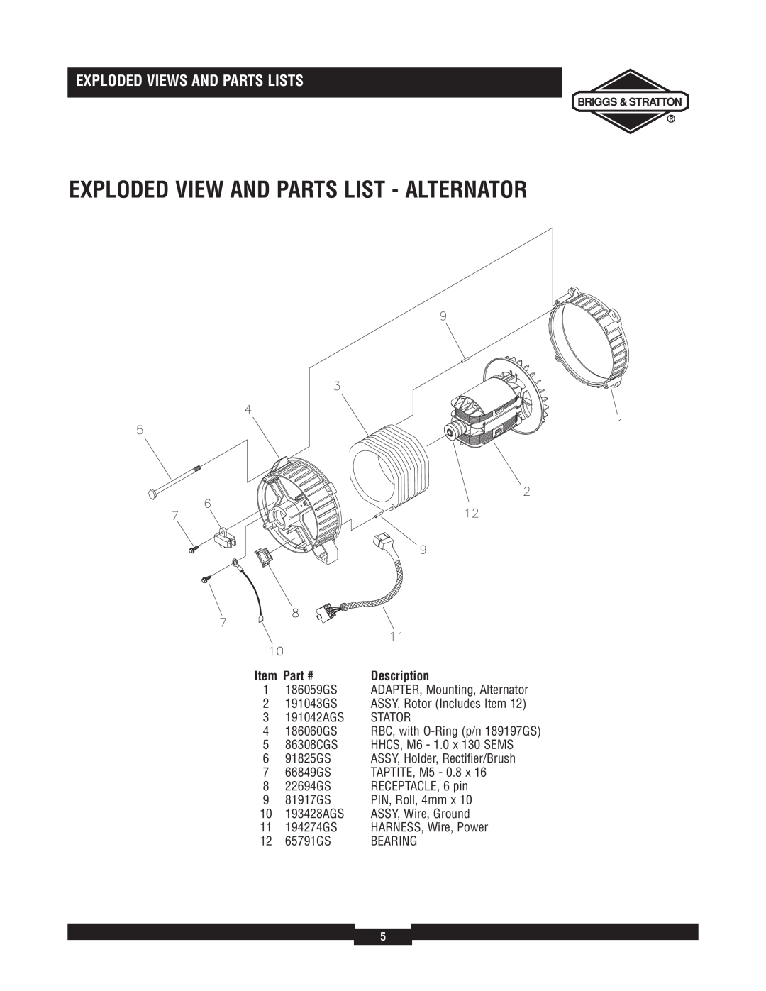 Briggs & Stratton 30324 Exploded View And Parts List - Alternator, Exploded Views And Parts Lists, Description, 1 186059GS 