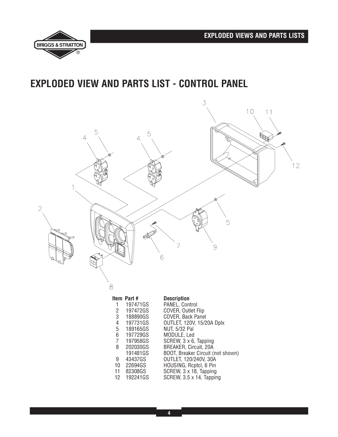 Briggs & Stratton 30324 manual Exploded View and Parts List Control Panel 