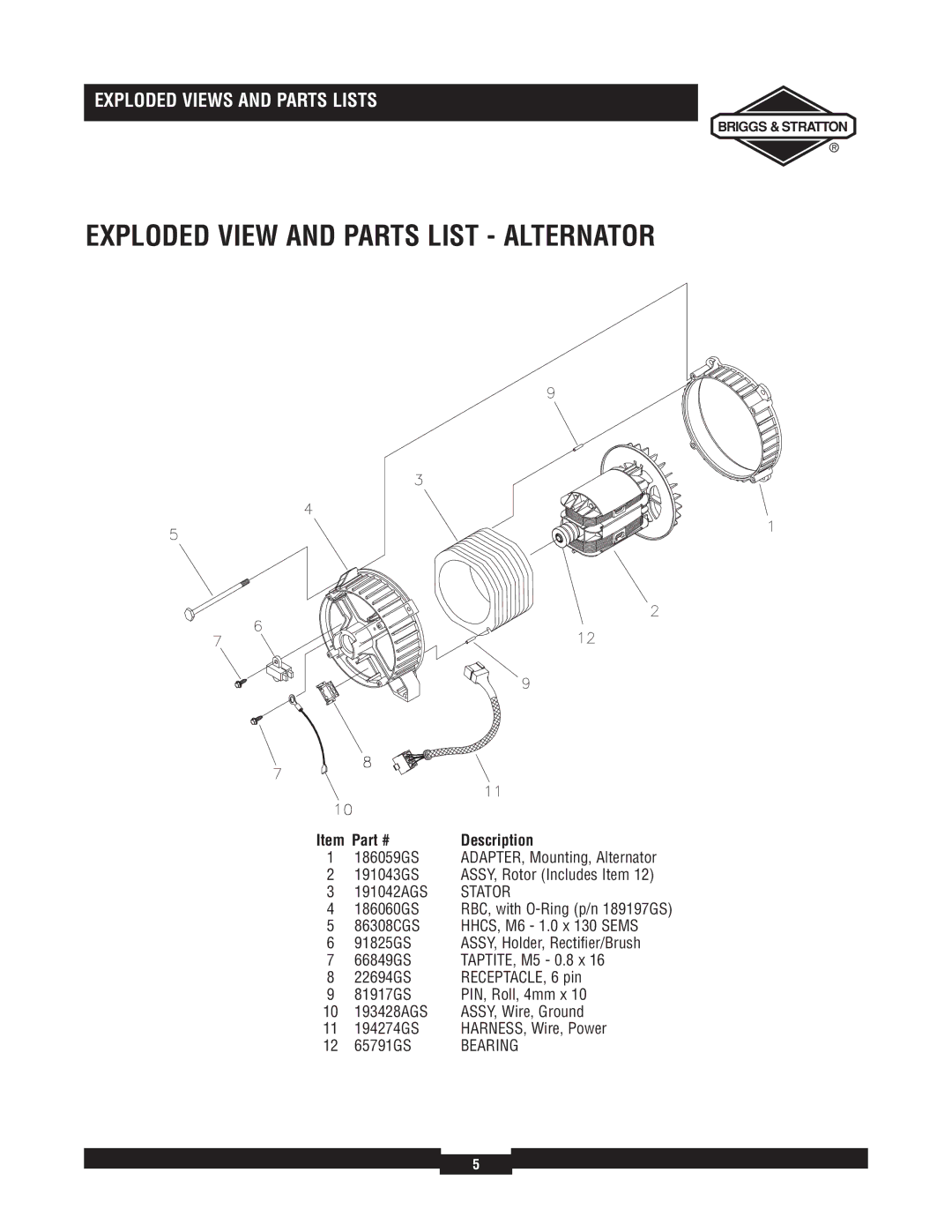 Briggs & Stratton 30324 manual Exploded View and Parts List Alternator, 186059GS 