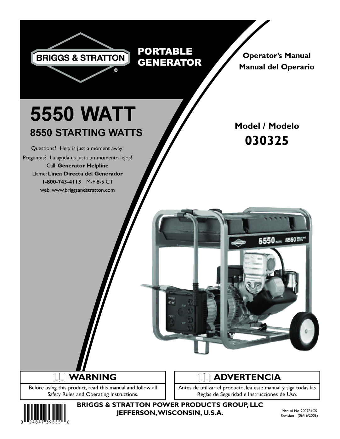 Briggs & Stratton 30325 manual Starting Watts, Operator’s Manual Manual del Operario 