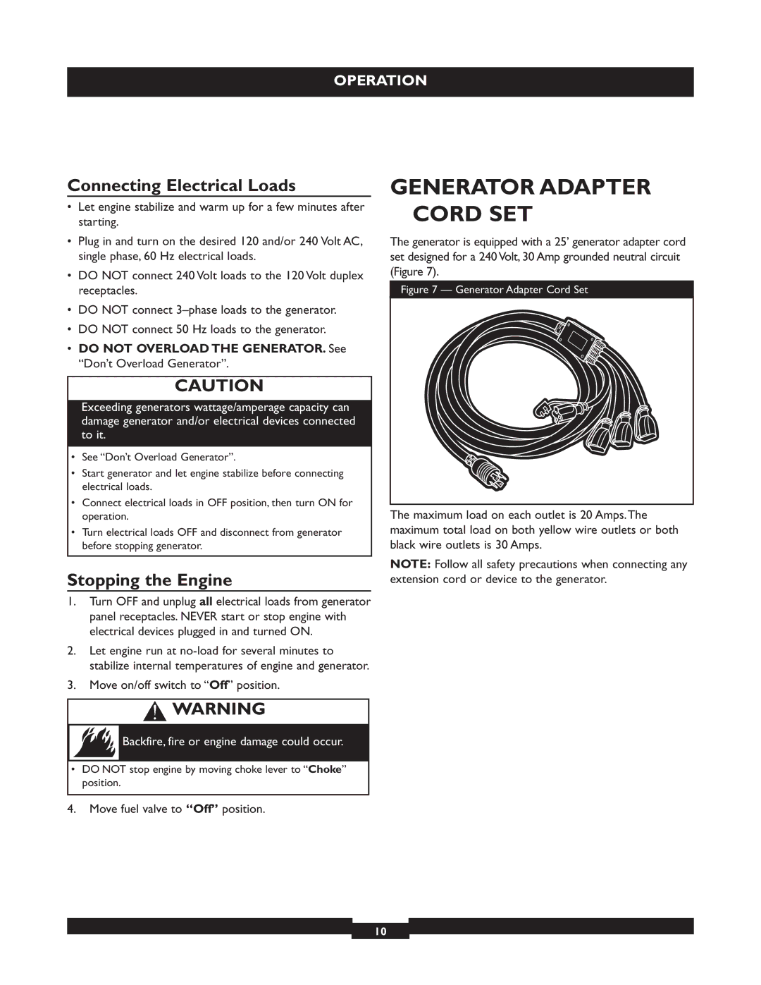 Briggs & Stratton 30325 manual Generator Adapter Cord SET, Connecting Electrical Loads, Stopping the Engine 