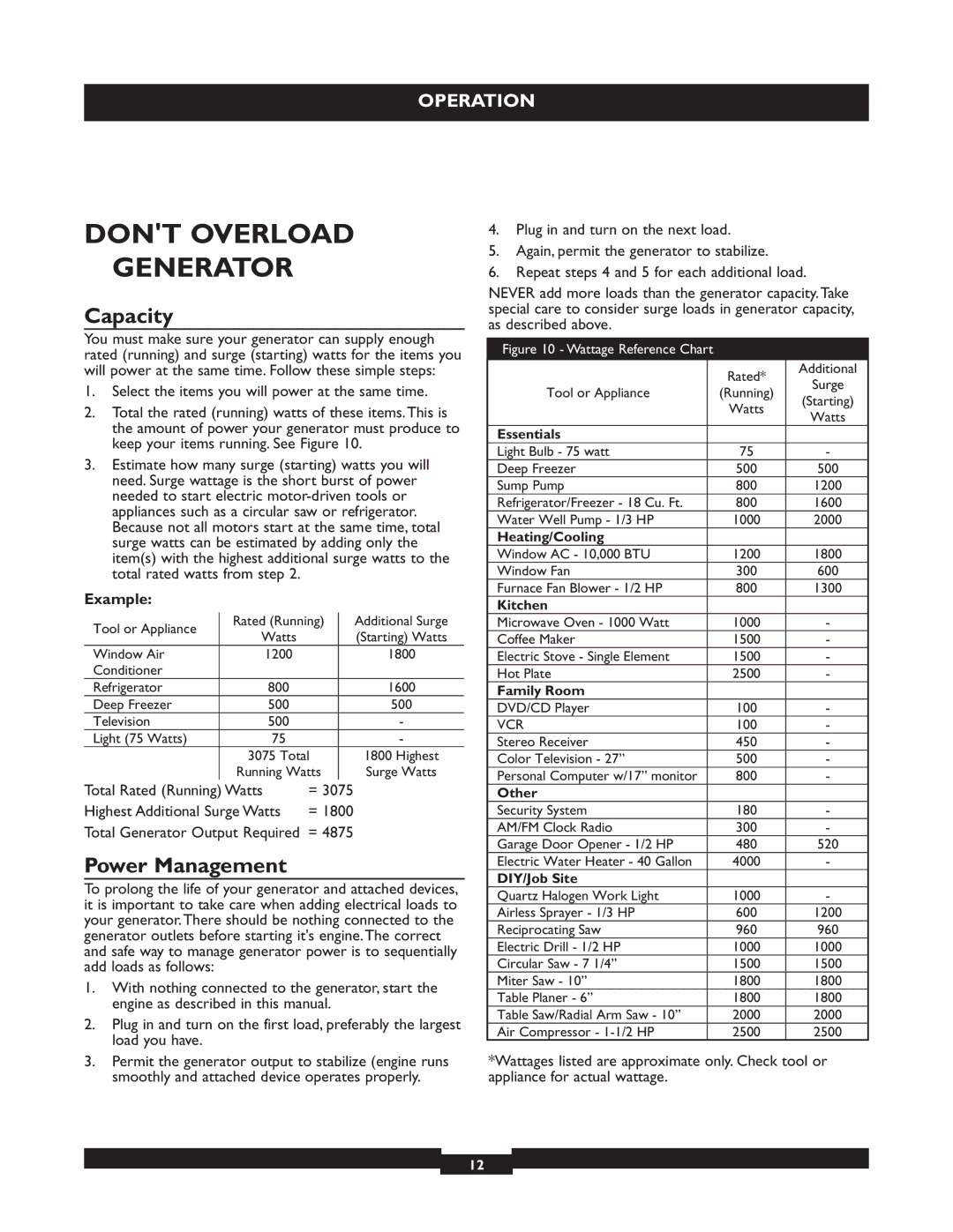 Briggs & Stratton 30325 manual Dont Overload Generator, Capacity, Power Management, Example 