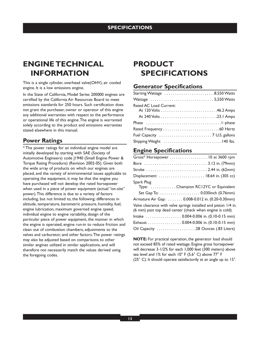 Briggs & Stratton 30325 Engine Technical Information, Product Specifications, Power Ratings, Generator Specifications 