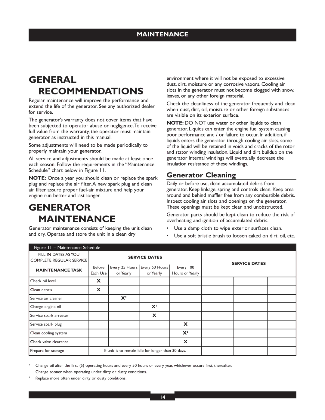 Briggs & Stratton 30325 manual General Recommendations, Generator Maintenance, Generator Cleaning 