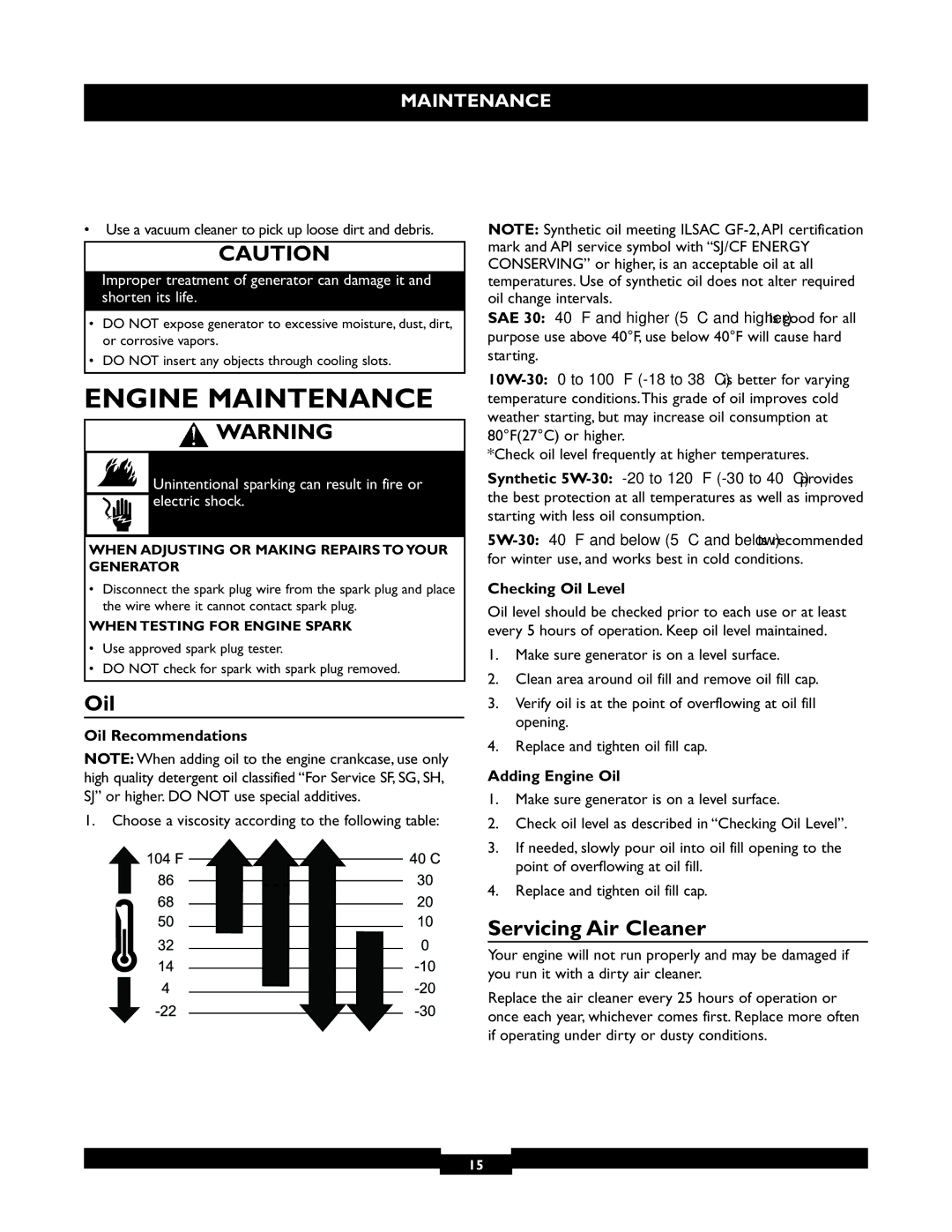 Briggs & Stratton 30325 manual Engine Maintenance, Oil, Servicing Air Cleaner 