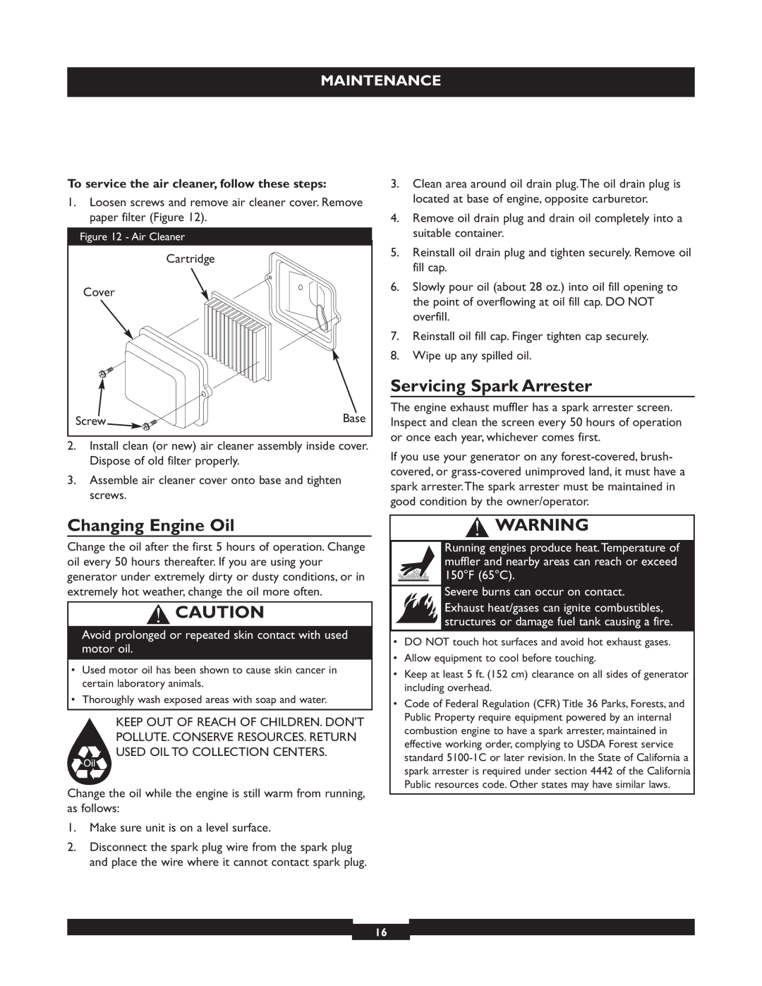 Briggs & Stratton 30325 Changing Engine Oil, Servicing Spark Arrester, To service the air cleaner, follow these steps 