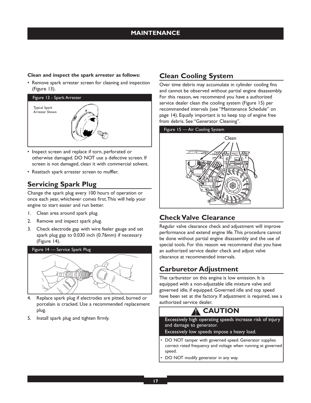 Briggs & Stratton 30325 manual Servicing Spark Plug, Clean Cooling System, Check Valve Clearance, Carburetor Adjustment 