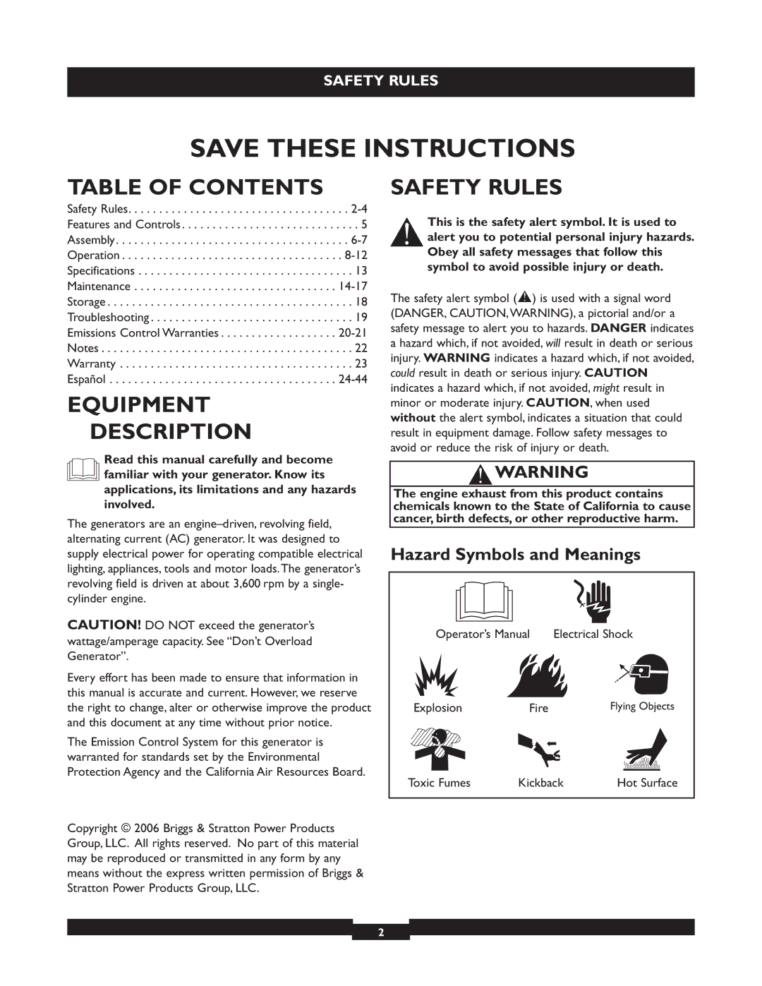 Briggs & Stratton 30325 manual Table of Contents, Equipment Description, Safety Rules 