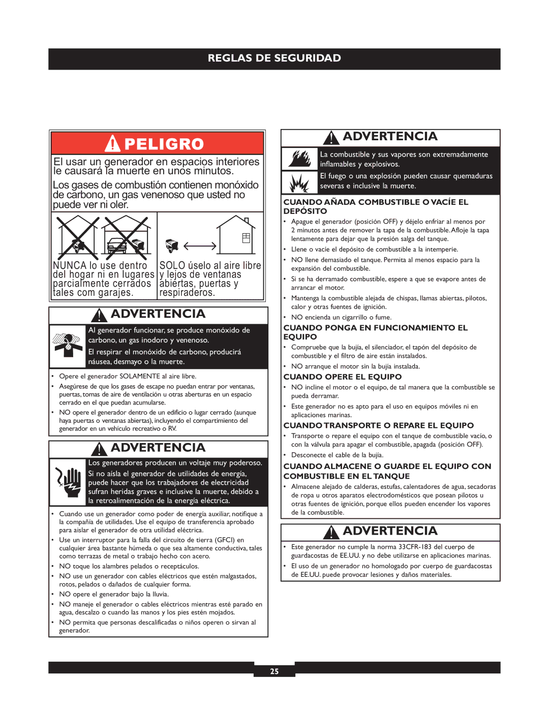 Briggs & Stratton 30325 manual Cuando Añada Combustible O Vacíe EL Depósito, Cuando Ponga EN Funcionamiento EL Equipo 