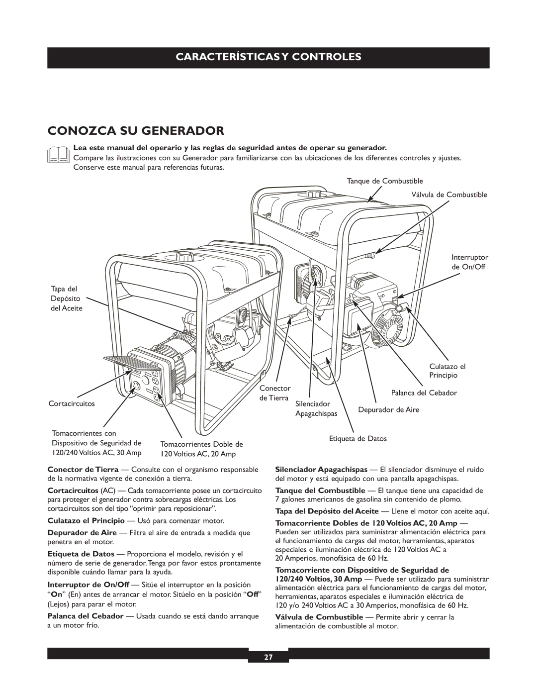 Briggs & Stratton 30325 manual Conozca SU Generador, Tomacorriente con Dispositivo de Seguridad de 