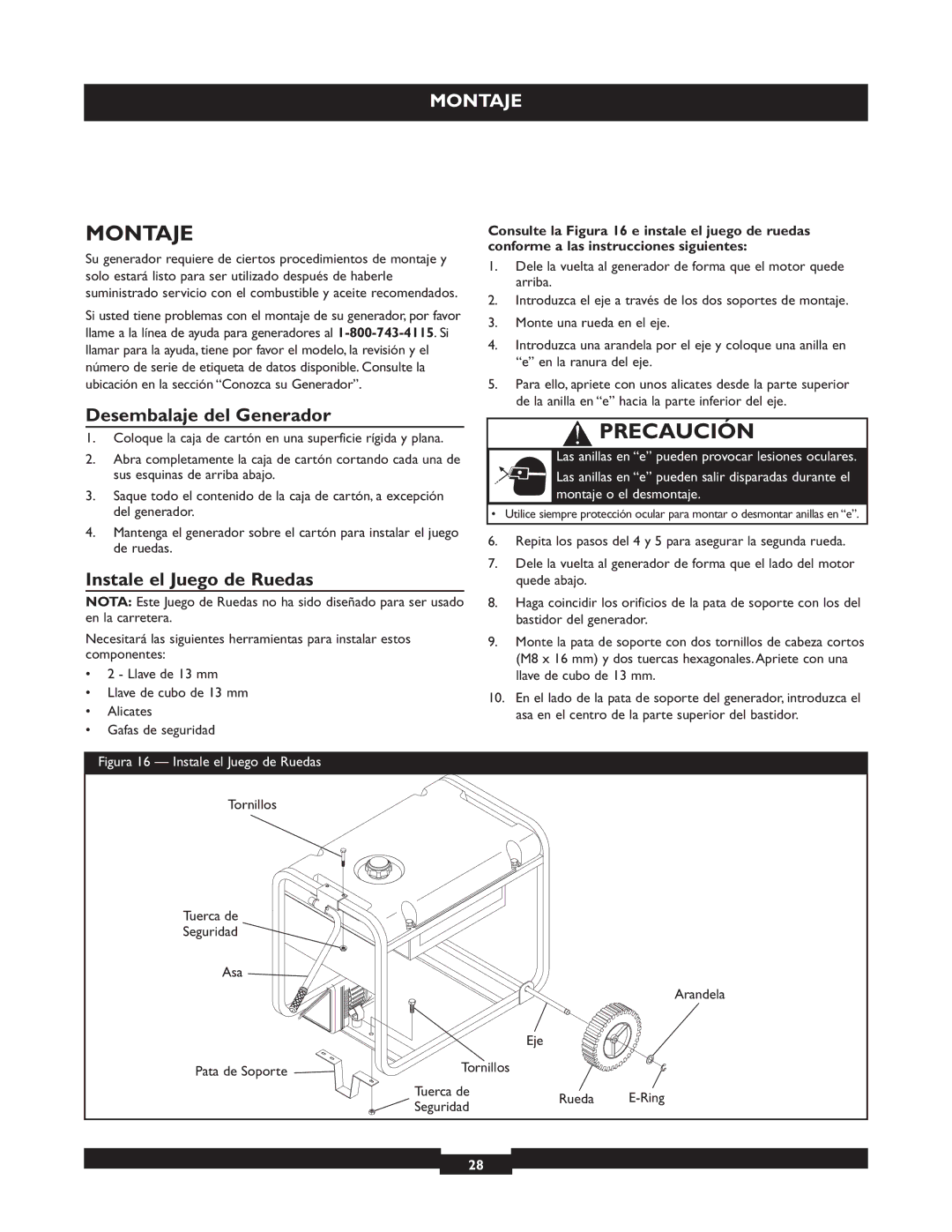 Briggs & Stratton 30325 Montaje, Desembalaje del Generador, Instale el Juego de Ruedas, Tornillos Tuerca de Seguridad Asa 