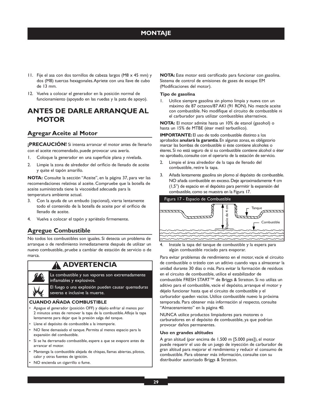 Briggs & Stratton 30325 manual Antes DE Darle Arranque AL Motor, Agregar Aceite al Motor, Agregue Combustible 