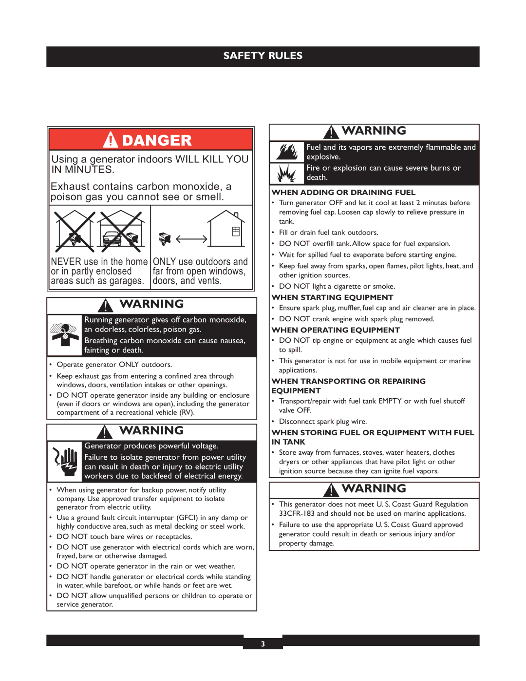 Briggs & Stratton 30325 manual When Adding or Draining Fuel, When Starting Equipment, When Operating Equipment 