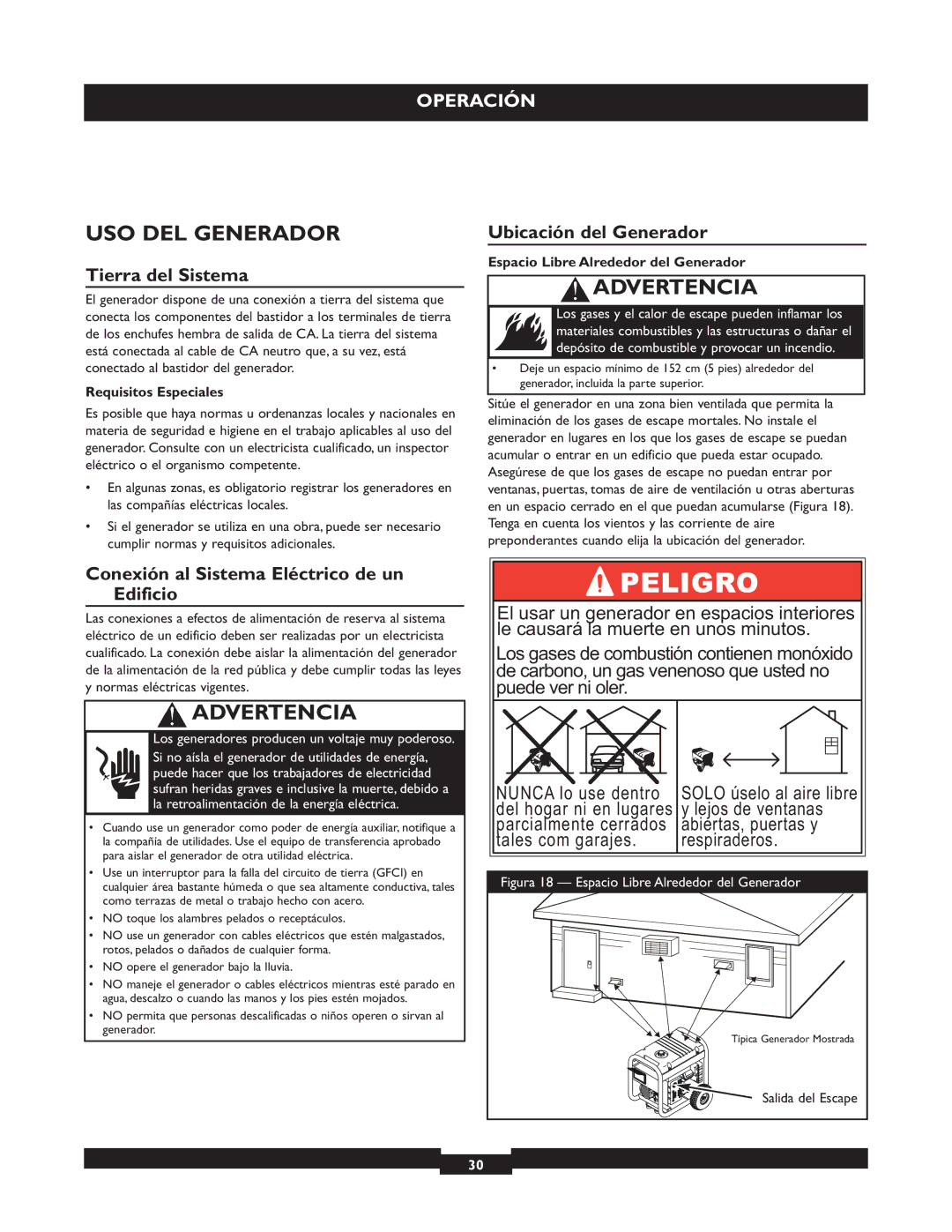 Briggs & Stratton 30325 manual USO DEL Generador, Tierra del Sistema, Ubicación del Generador 