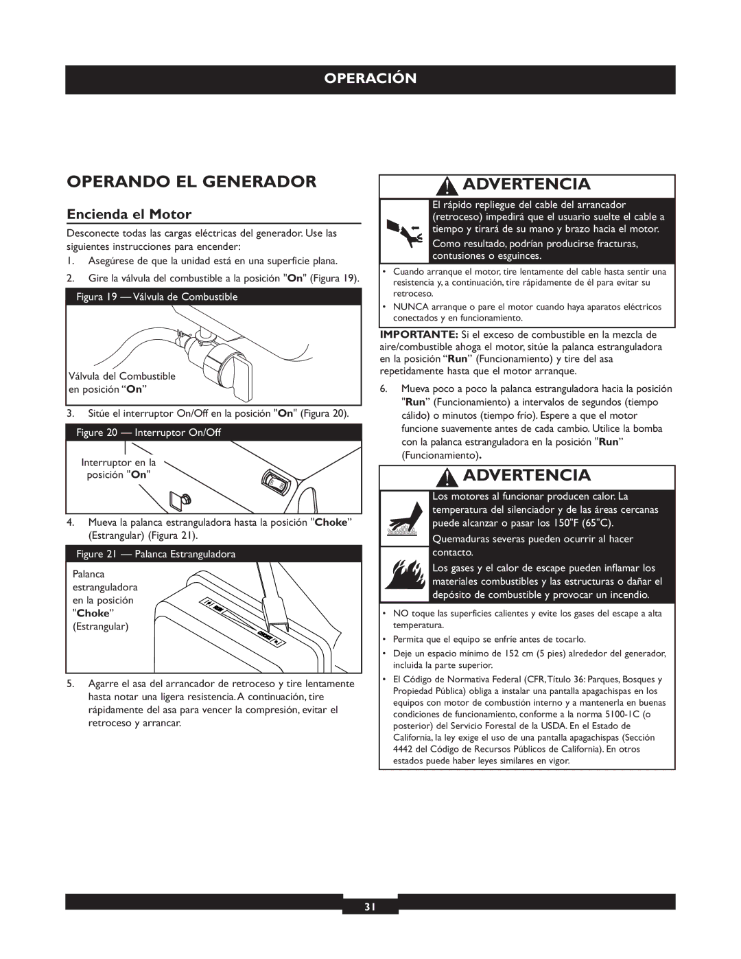 Briggs & Stratton 30325 manual Operando EL Generador, Encienda el Motor 