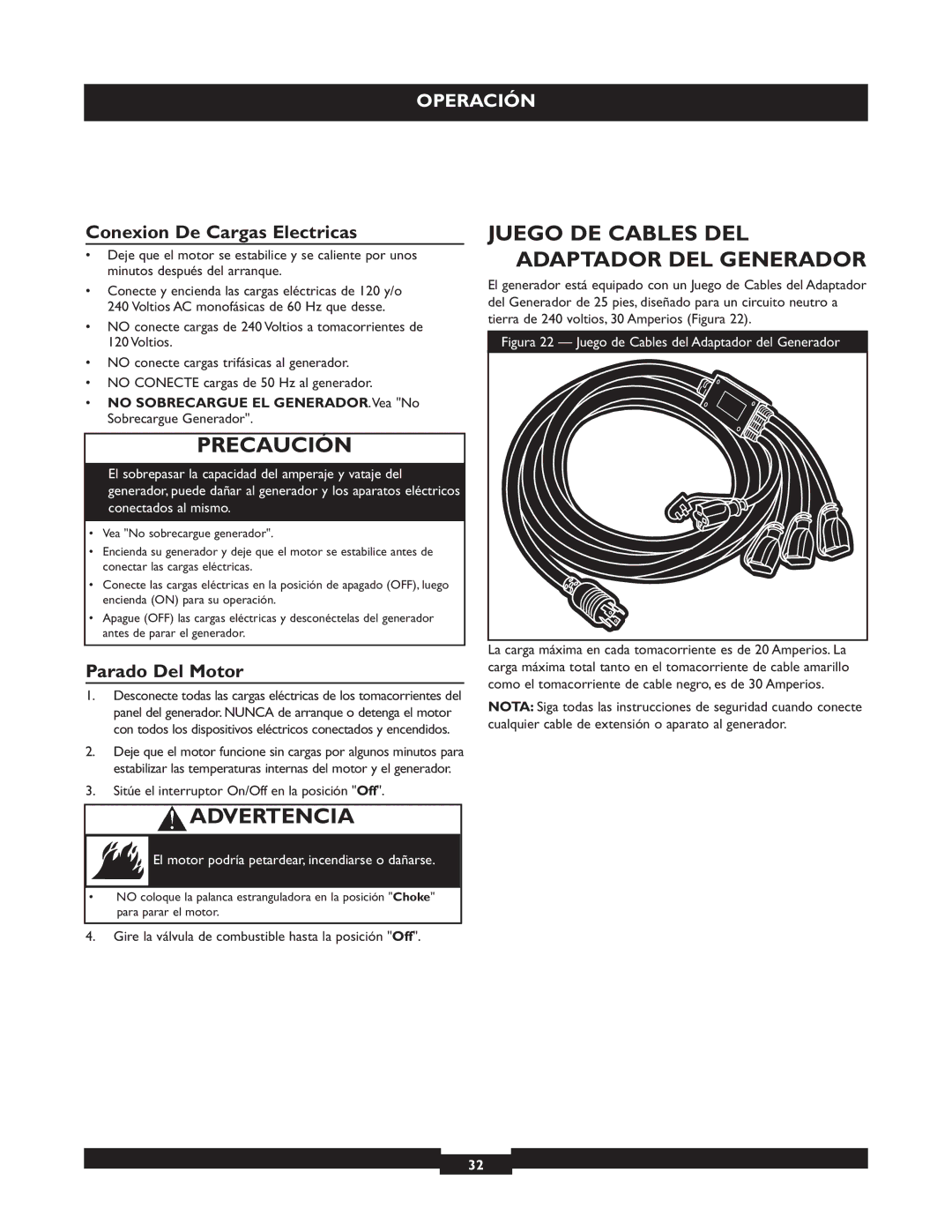 Briggs & Stratton 30325 manual Juego DE Cables DEL Adaptador DEL Generador, Conexion De Cargas Electricas, Parado Del Motor 