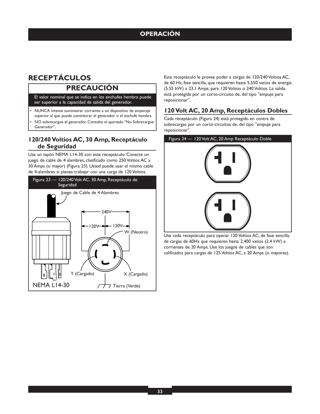 Briggs & Stratton 30325 manual Receptáculos Precaución, 120/240 Voltios AC, 30 Amp, Receptáculo de Seguridad, Tierra Verde 