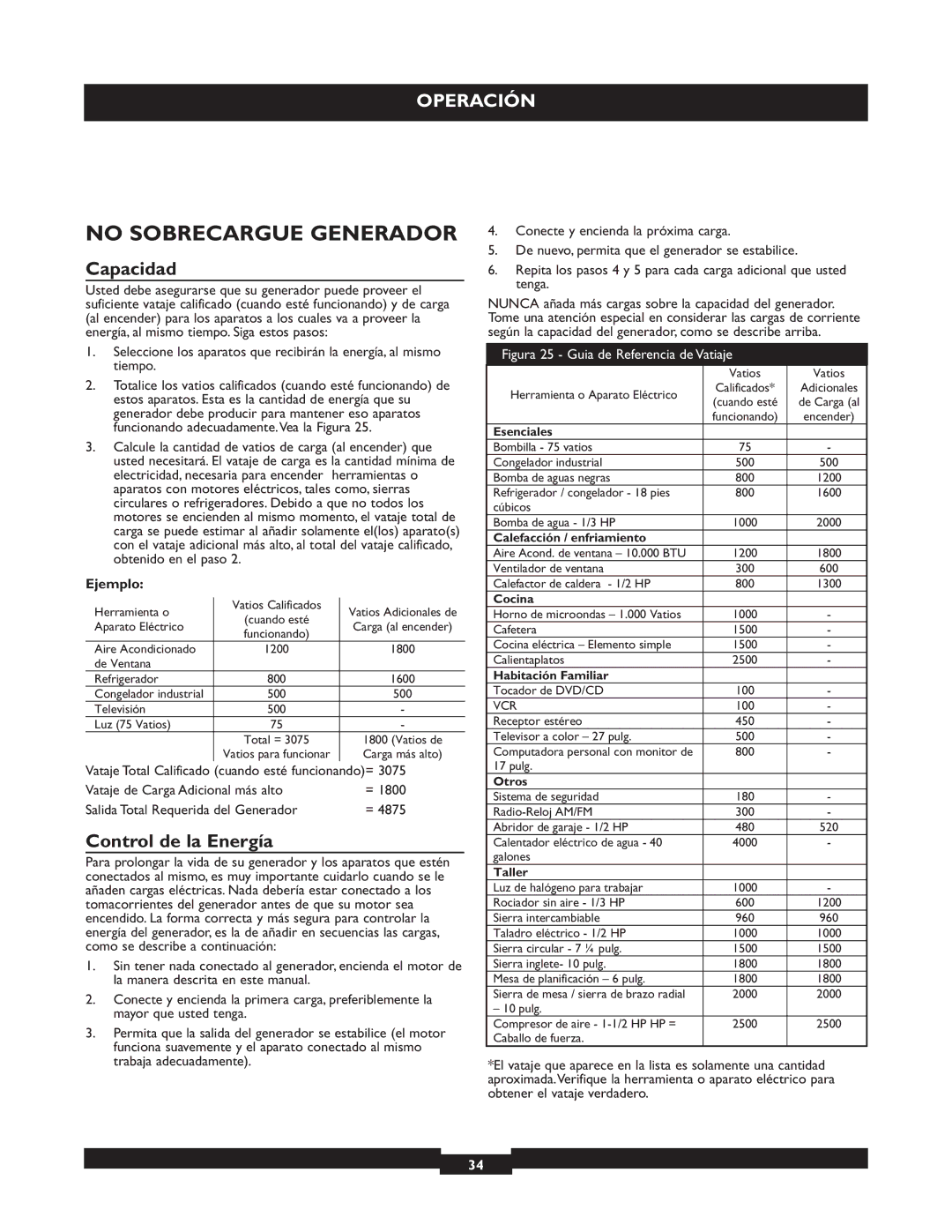 Briggs & Stratton 30325 manual No Sobrecargue Generador, Capacidad, Control de la Energía, Ejemplo 