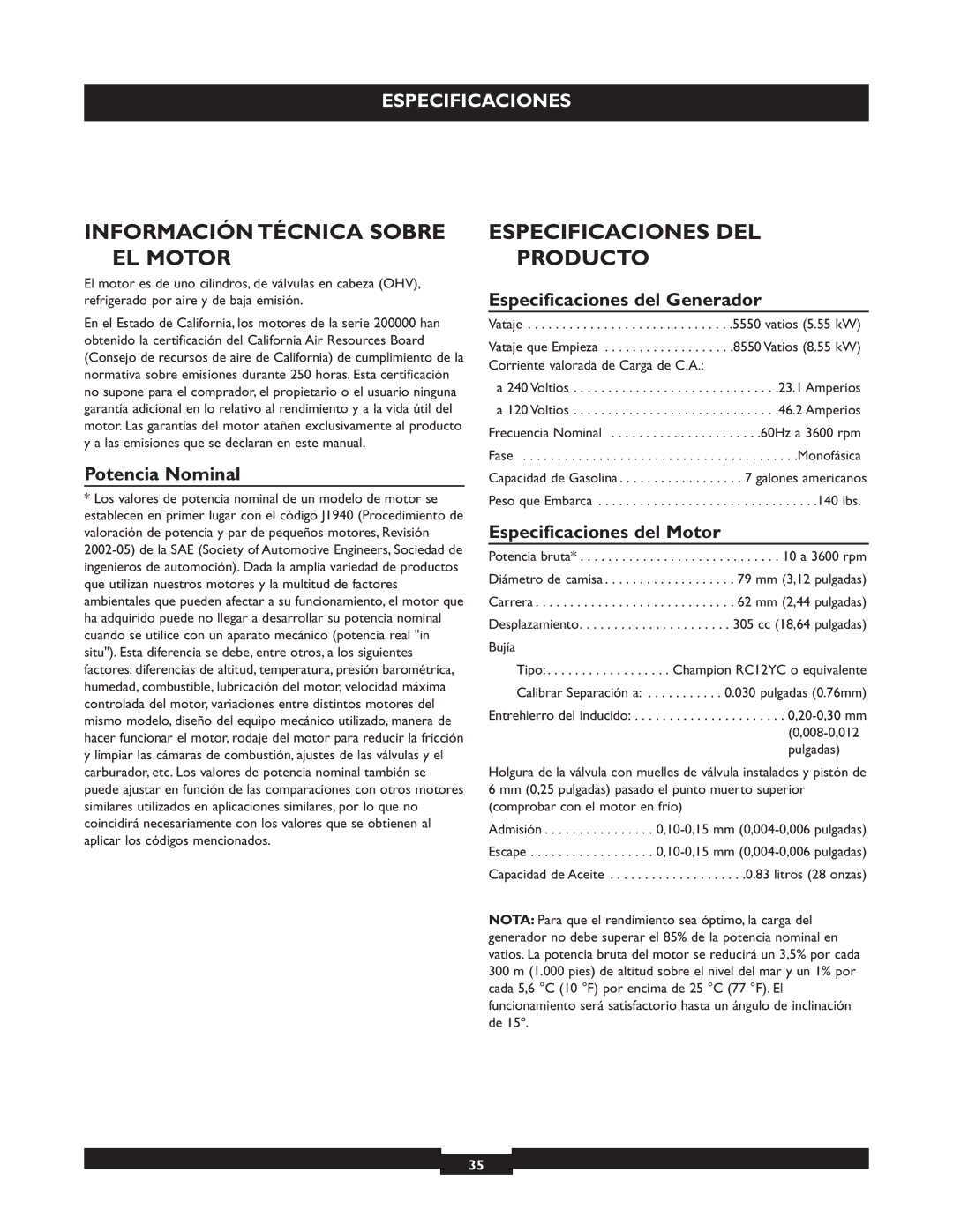 Briggs & Stratton 30325 manual Información Técnica Sobre EL Motor, Especificaciones DEL Producto, Potencia Nominal 