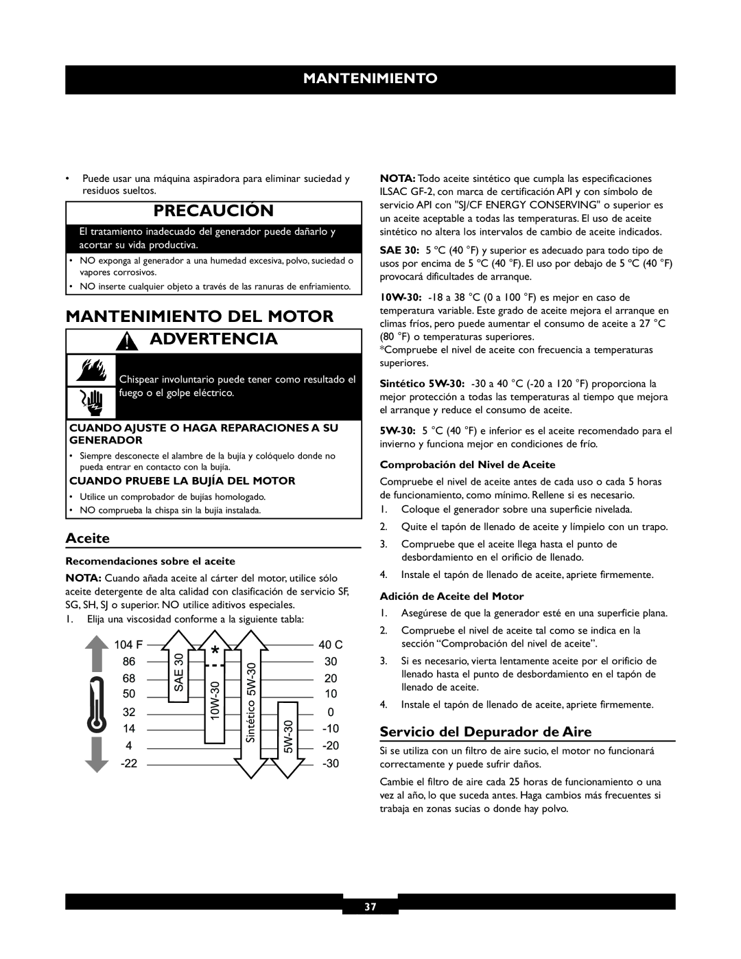 Briggs & Stratton 30325 manual Mantenimiento DEL Motor Advertencia, Aceite, Servicio del Depurador de Aire 