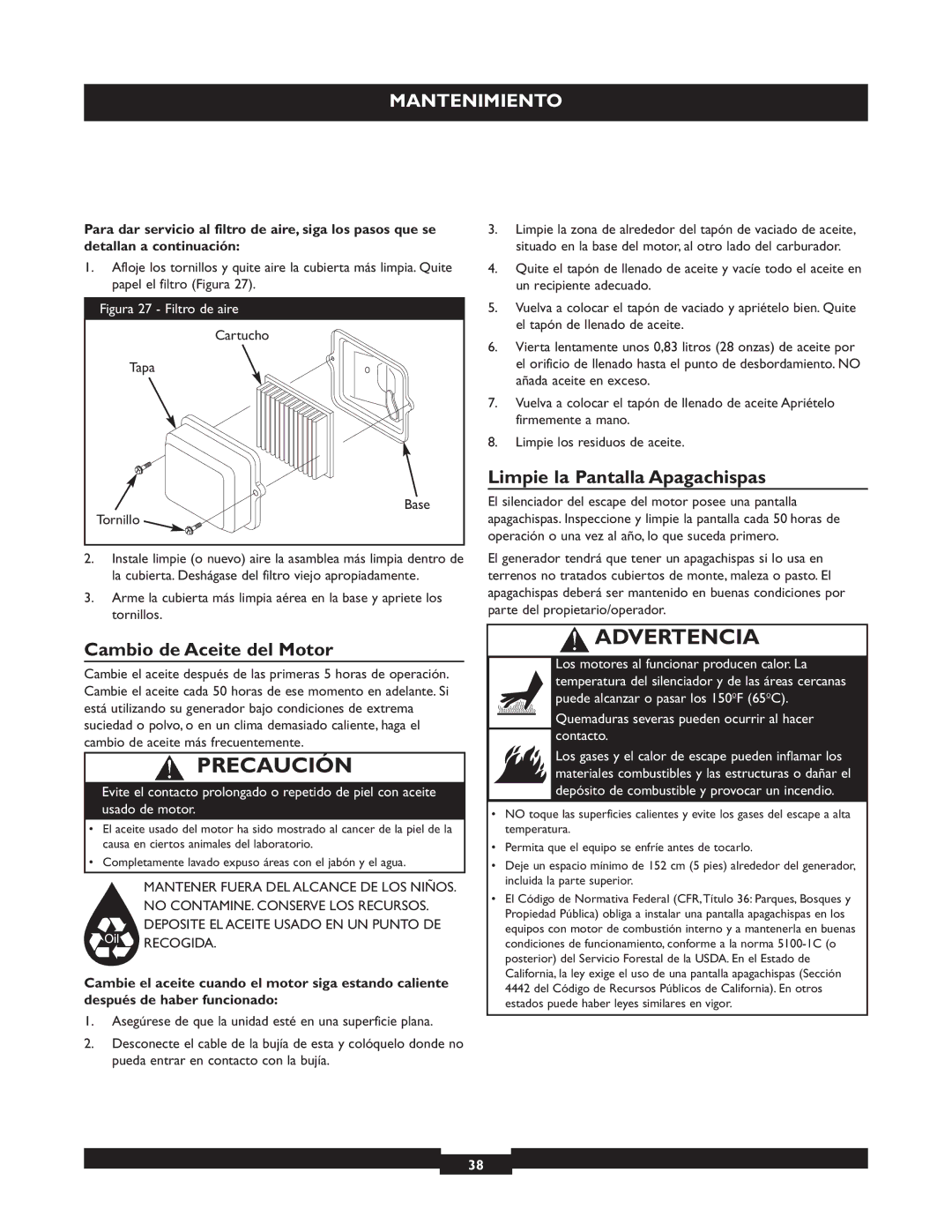 Briggs & Stratton 30325 manual Cambio de Aceite del Motor, Limpie la Pantalla Apagachispas, Cartucho, Tapa, Tornillo 