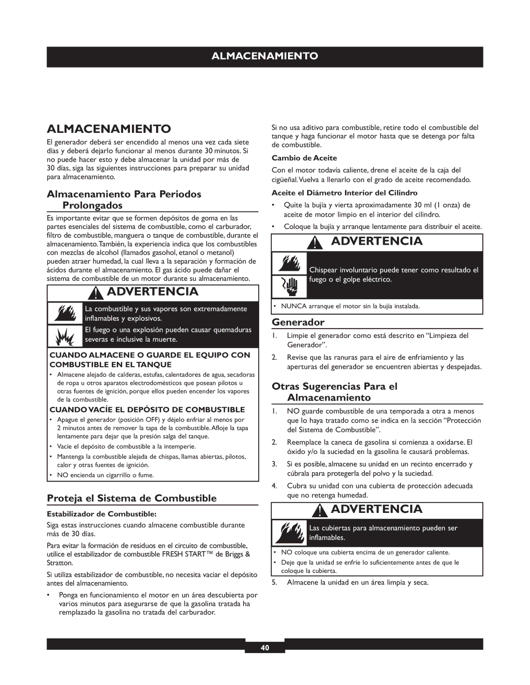 Briggs & Stratton 30325 manual Almacenamiento Para Periodos Prolongados, Proteja el Sistema de Combustible, Generador 