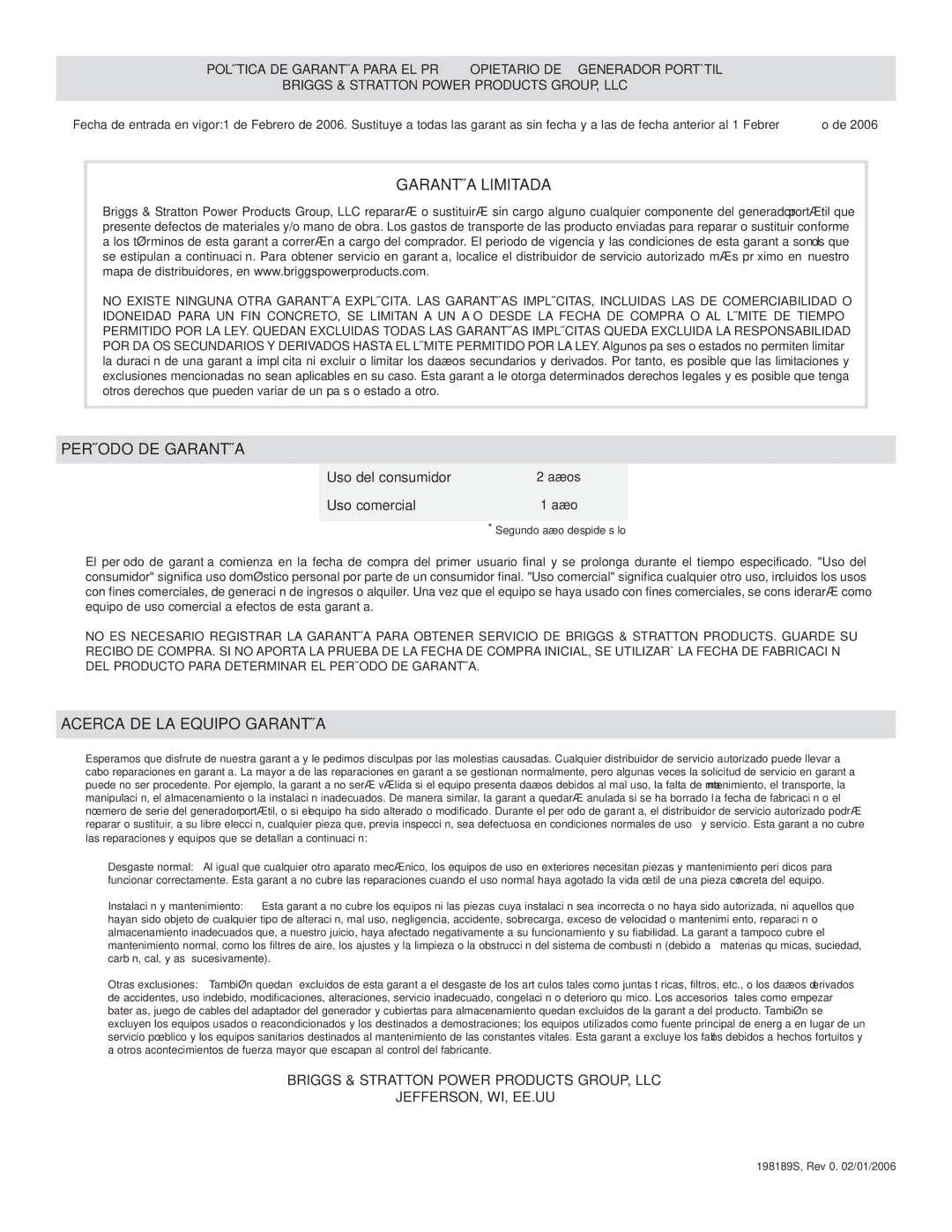 Briggs & Stratton 30325 manual Uso del consumidor, Uso comercial 