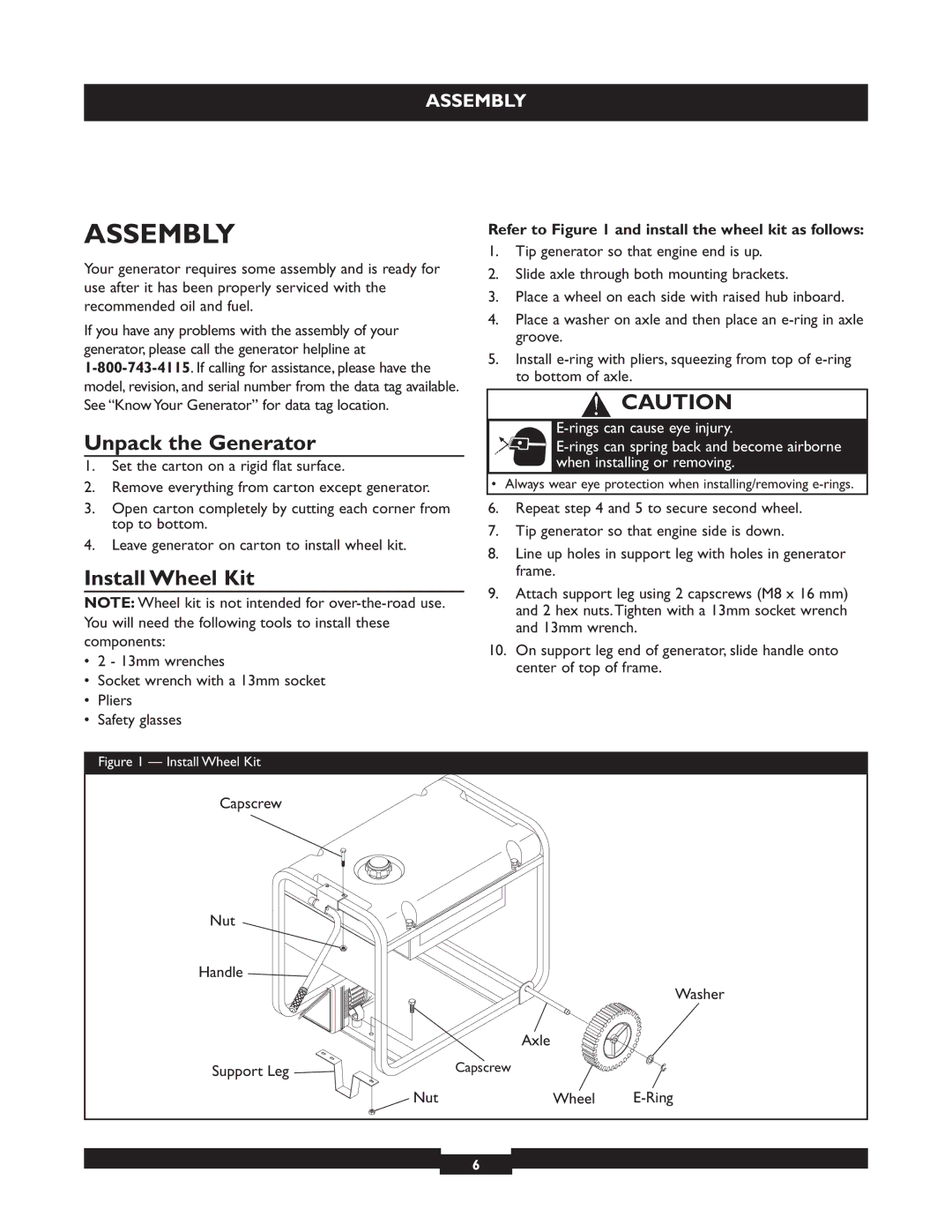 Briggs & Stratton 30325 Assembly, Unpack the Generator, Install Wheel Kit, Refer to and install the wheel kit as follows 