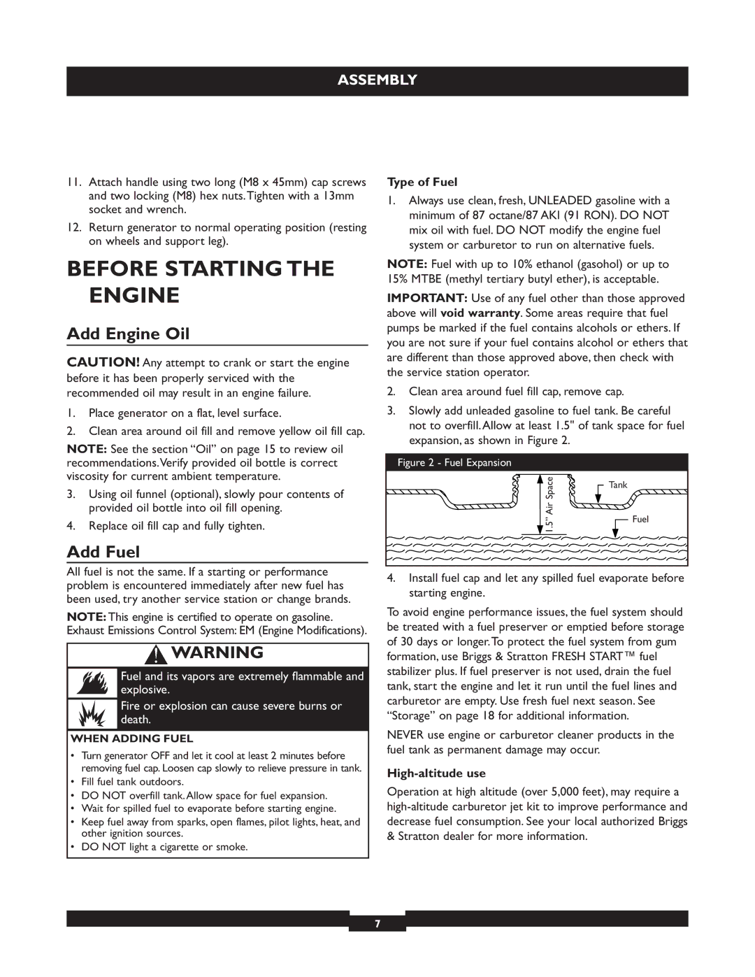 Briggs & Stratton 30325 manual Before Starting the Engine, Add Engine Oil, Add Fuel, Type of Fuel, High-altitude use 