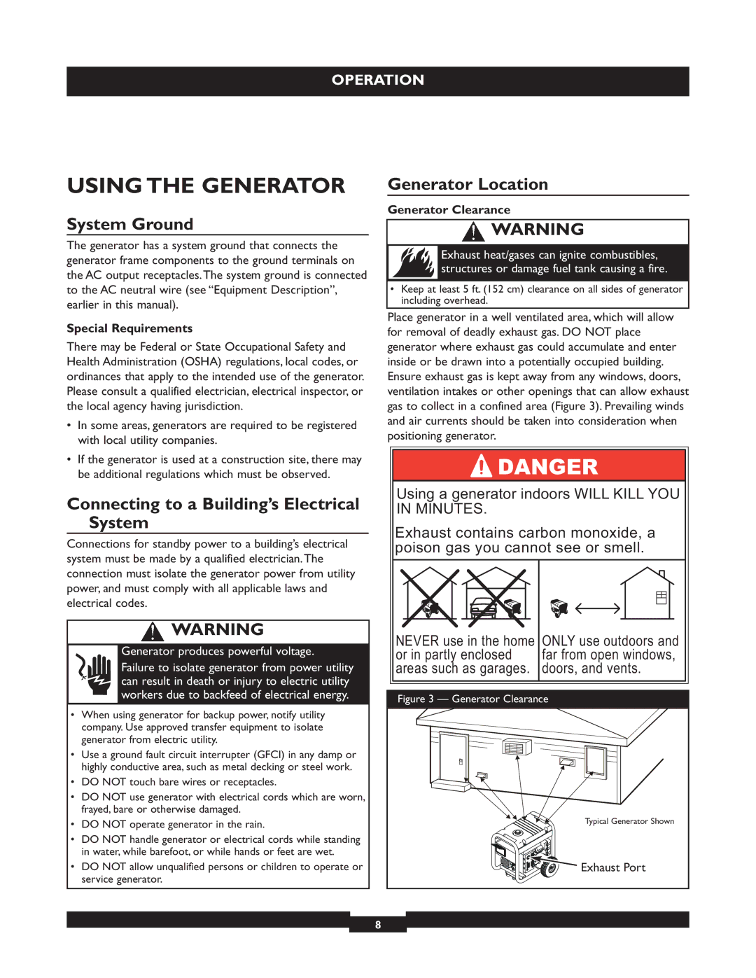 Briggs & Stratton 30325 manual Using the Generator, System Ground, Connecting to a Building’s Electrical System 