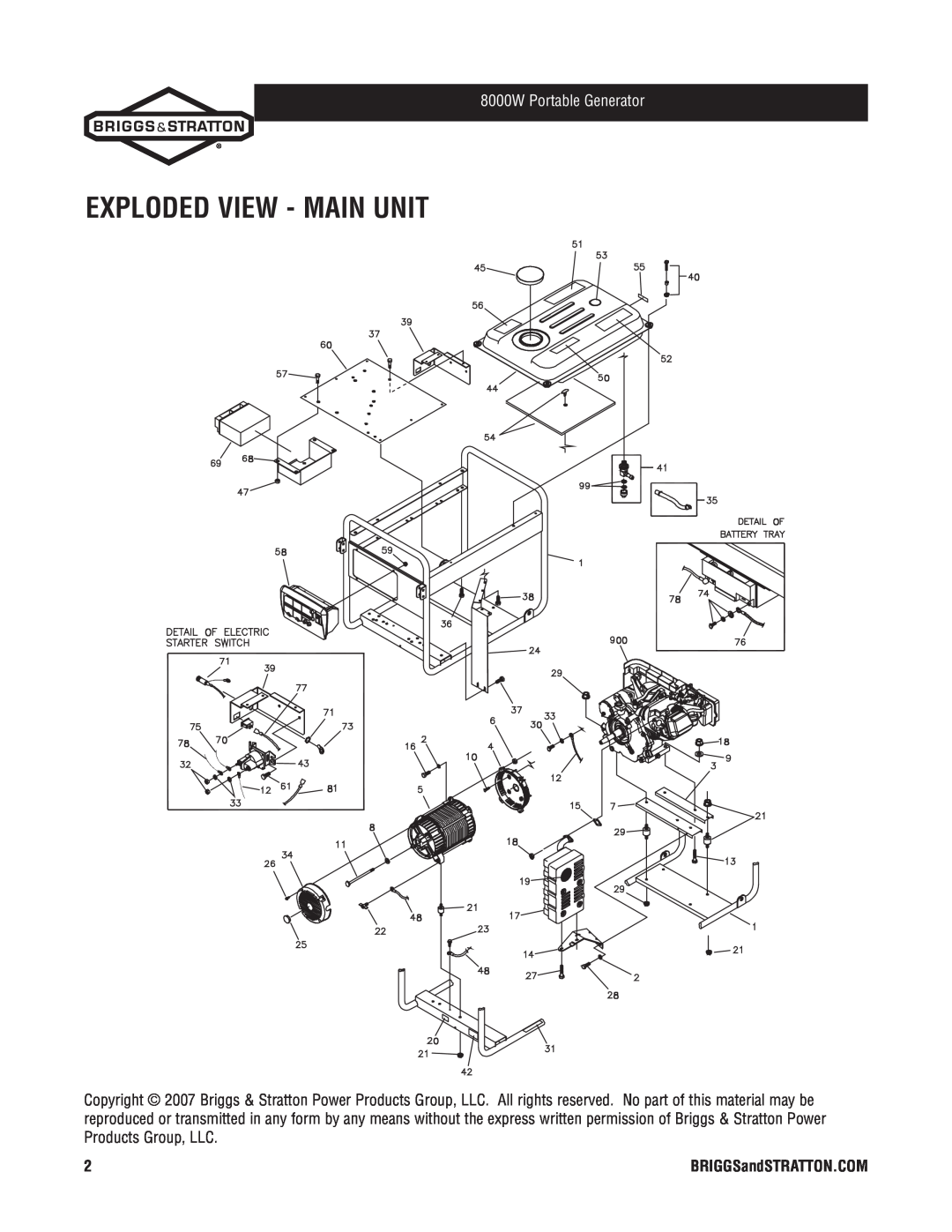 Briggs & Stratton 30334 manual Exploded View - Main Unit, 8000W Portable Generator, BRIGGSandSTRATTON.COM 