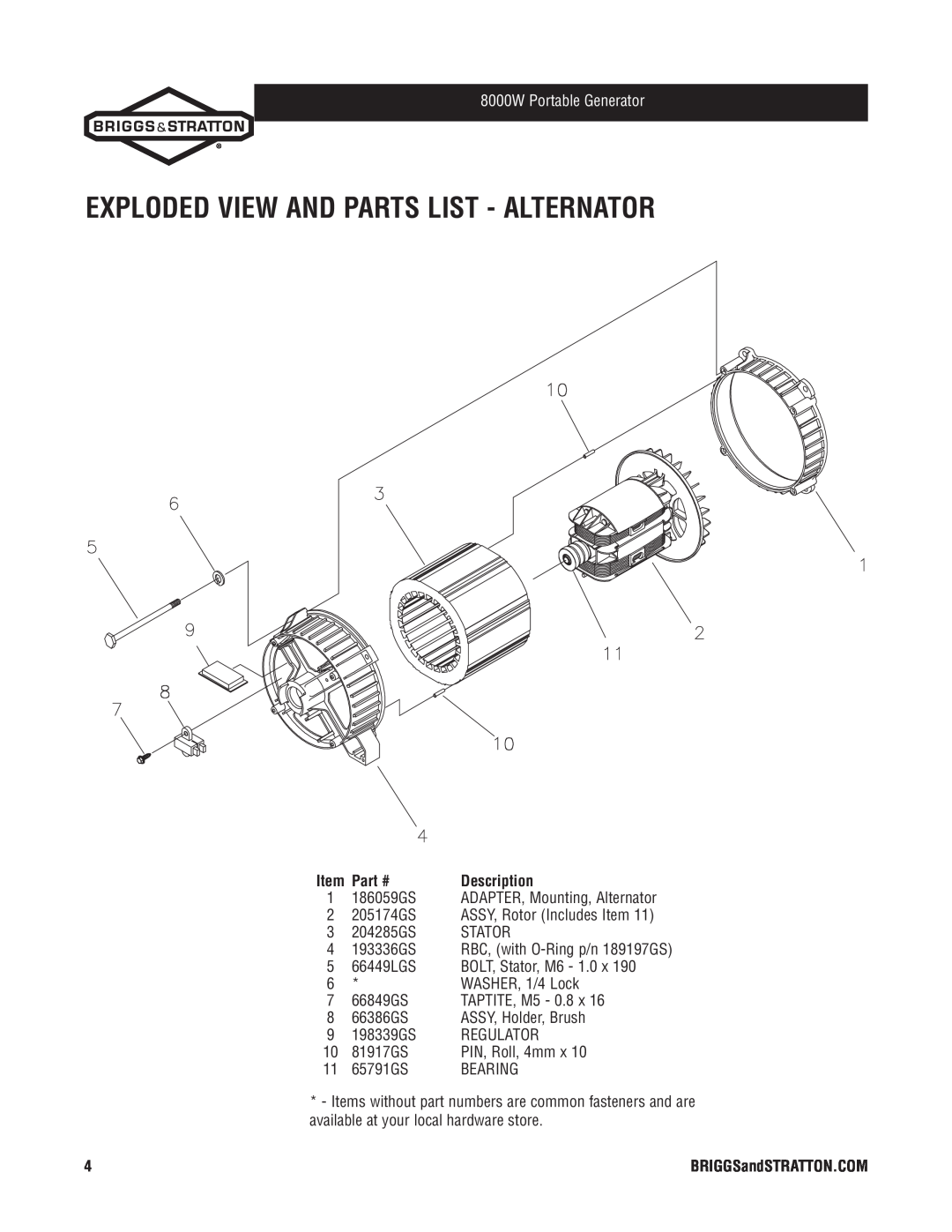 Briggs & Stratton 30334 manual Exploded View And Parts List - Alternator, 186059GS, 8000W Portable Generator, Description 