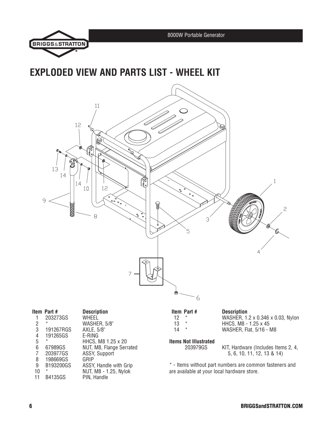 Briggs & Stratton 30334 manual Exploded View And Parts List - Wheel Kit, Items Not Illustrated, 8000W Portable Generator 