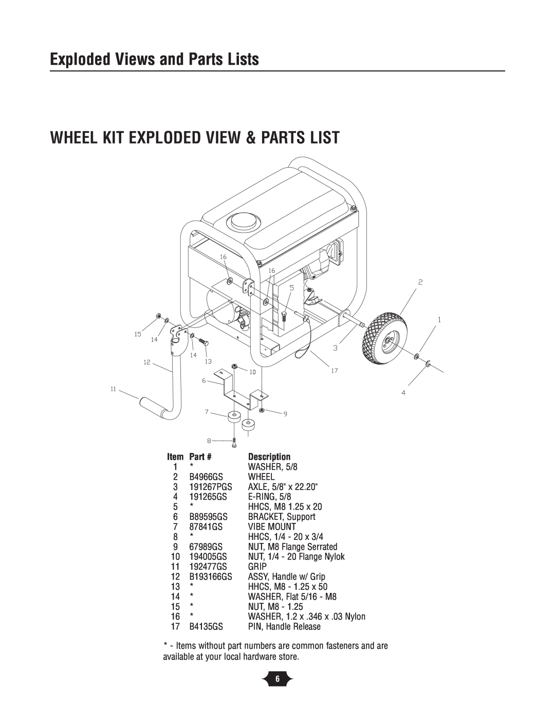 Briggs & Stratton 30342 manual Wheel Kit Exploded View & Parts List, Exploded Views and Parts Lists, Description 